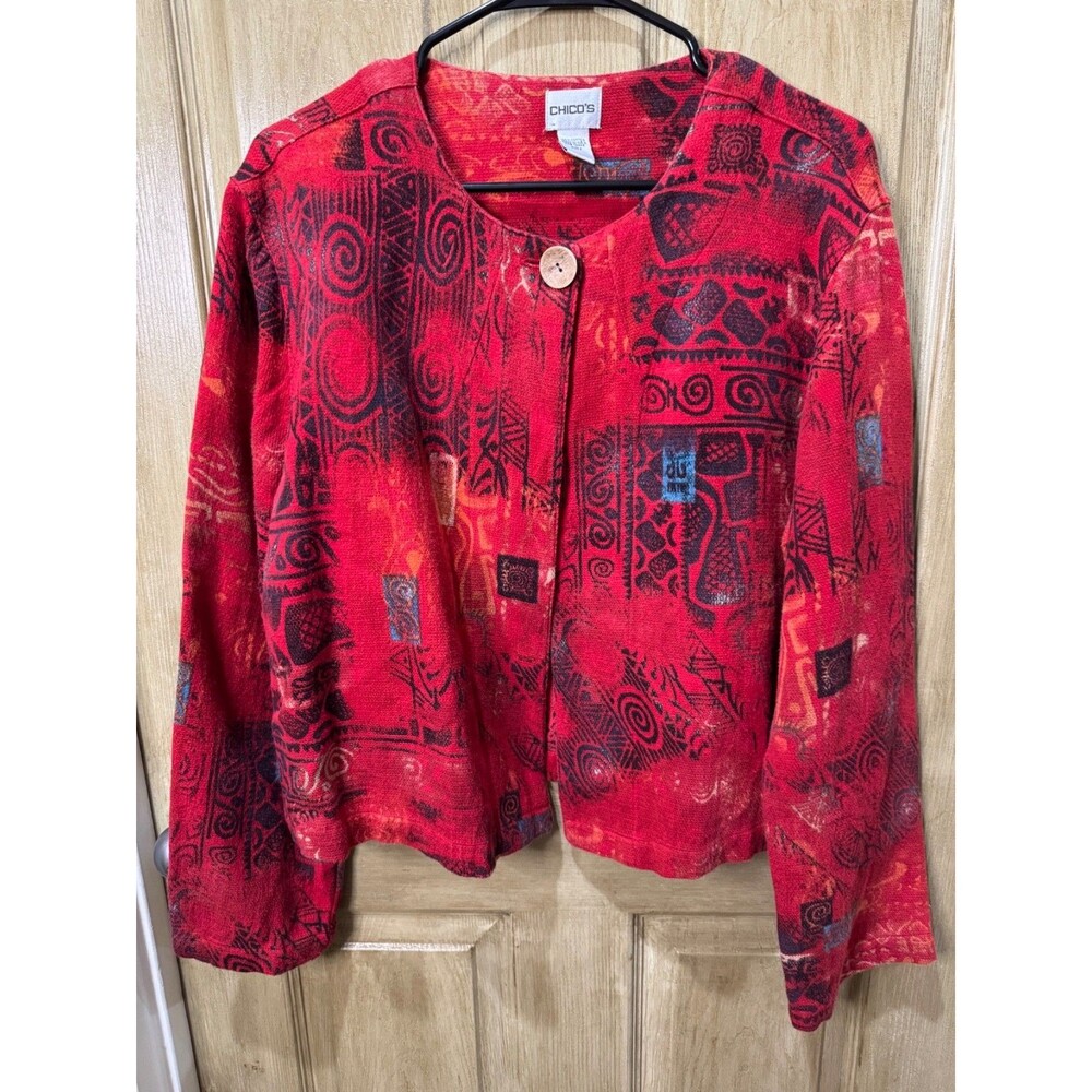 Chico’s Women’s Size 2 Red Black Tribal Print 100% Cotton Jacket Button Front L